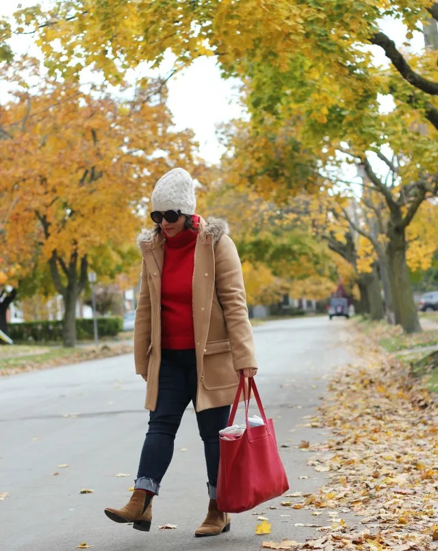 jcrew vail parka, camel coat, red sweater