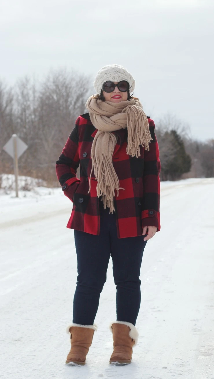 buffalo plaid outfit, buffalo plaid pea coat