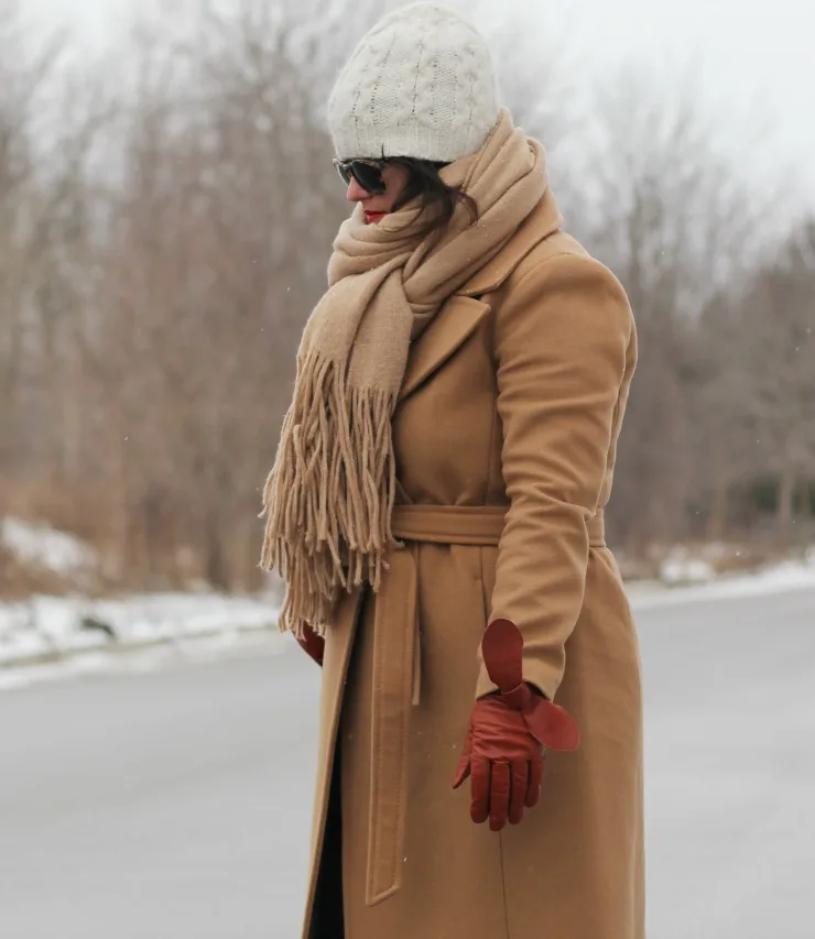 long camel coat, mackage babie coat