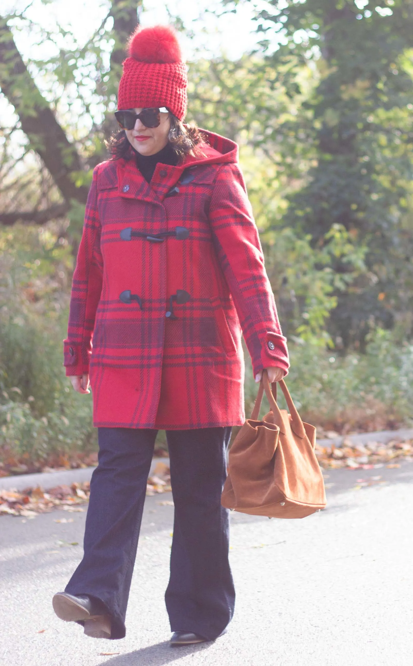 red plaid toggle coat