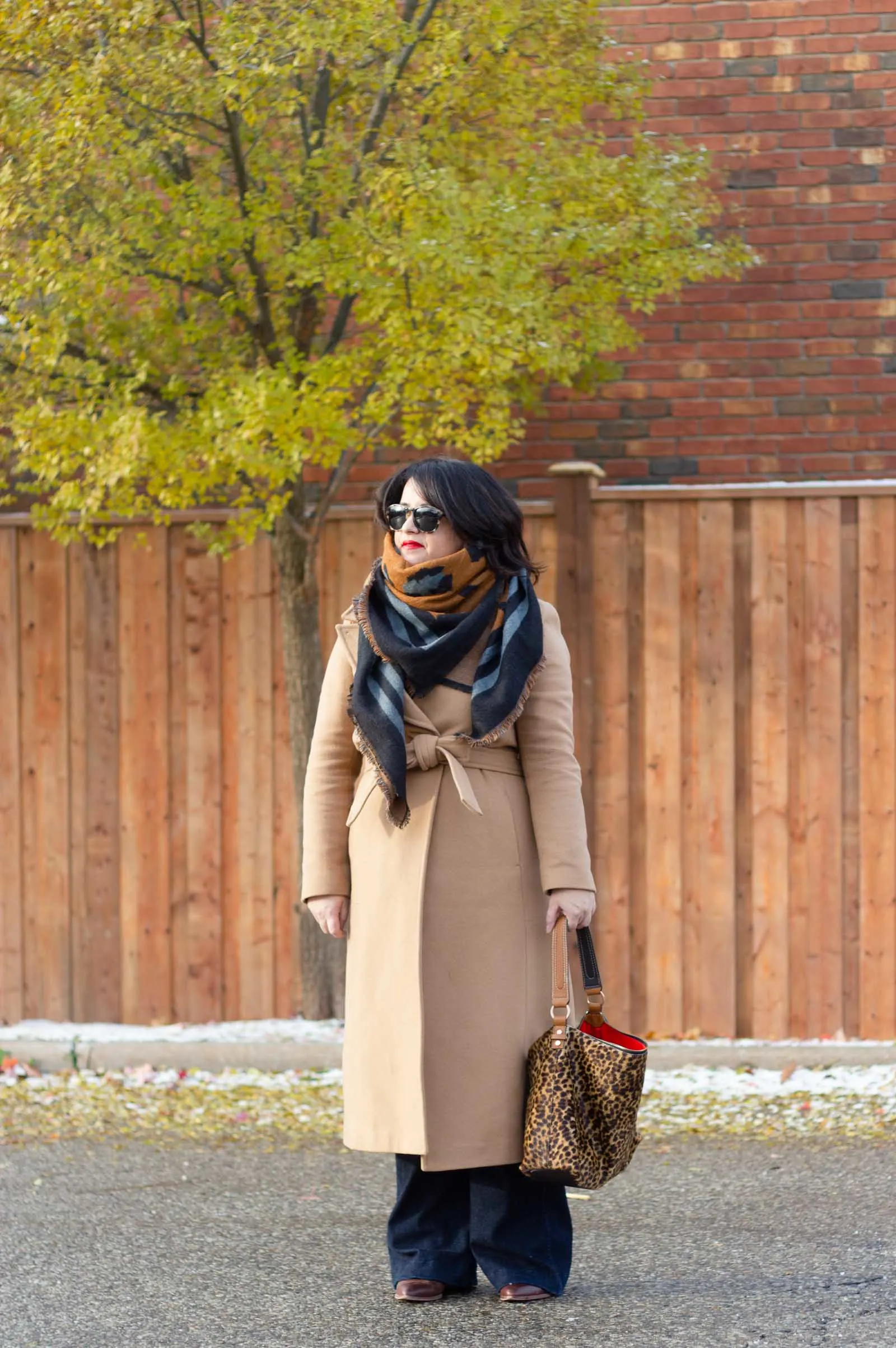 long camel coat outfit, leopard scarf outfit