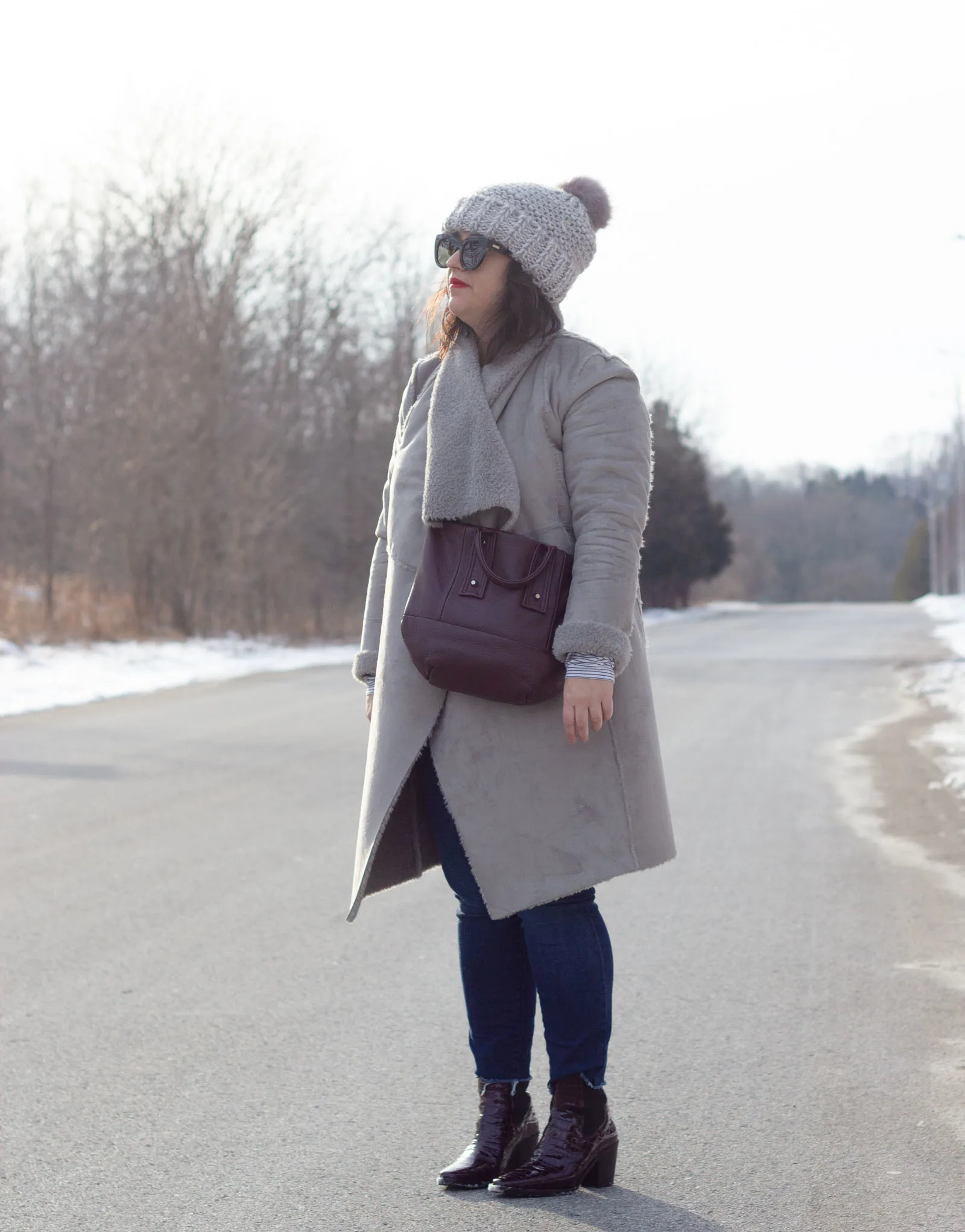 grey faux fur shearling coat