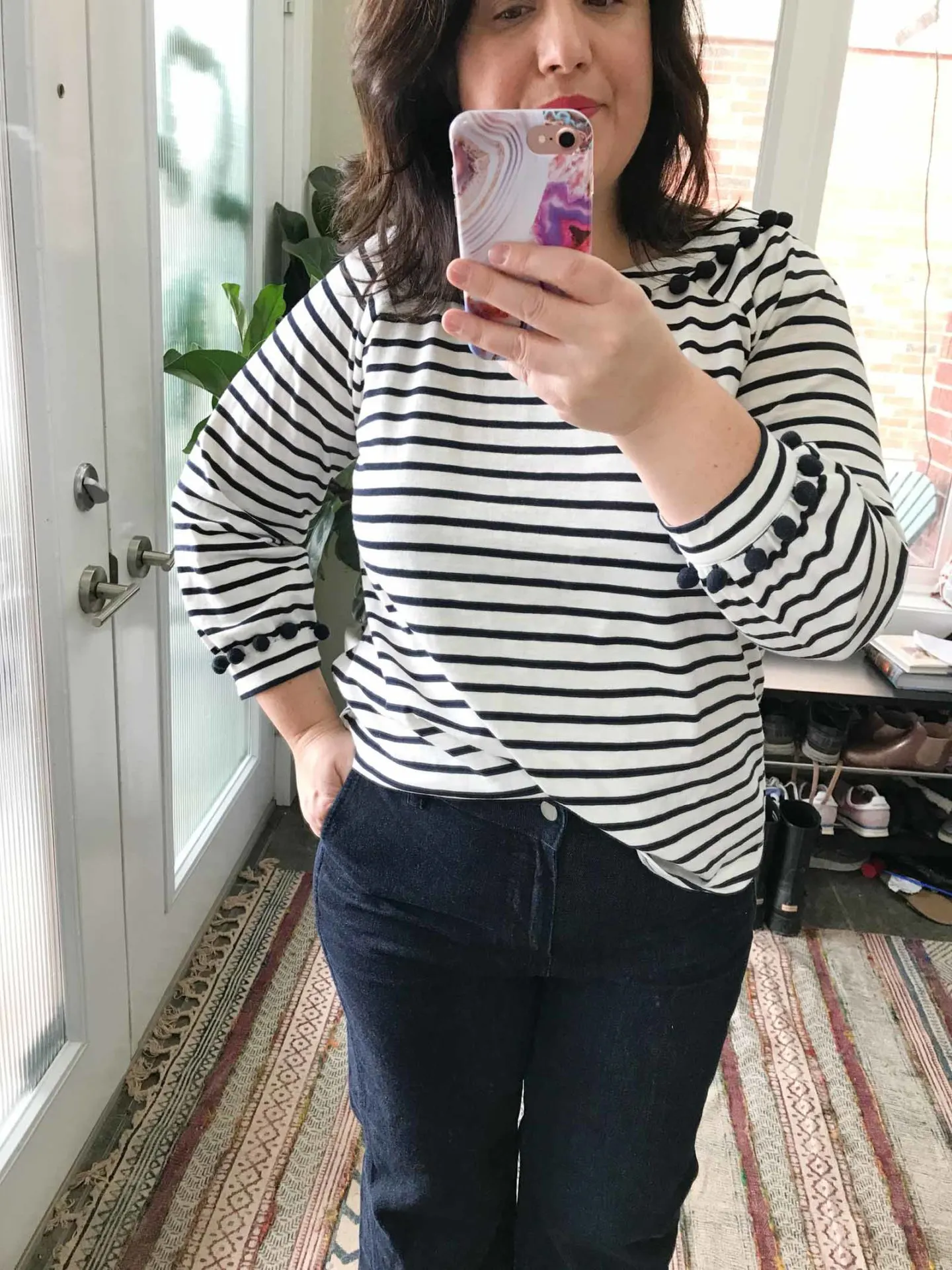 spring try on haul, boden pom pom stripe top