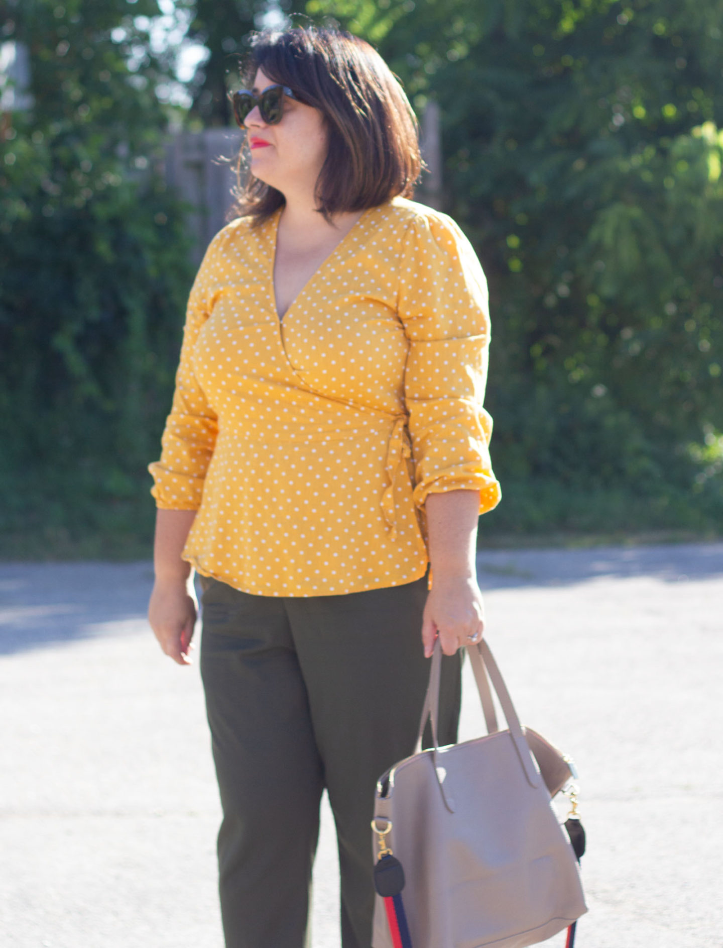 yellow polka dot wrap blouse