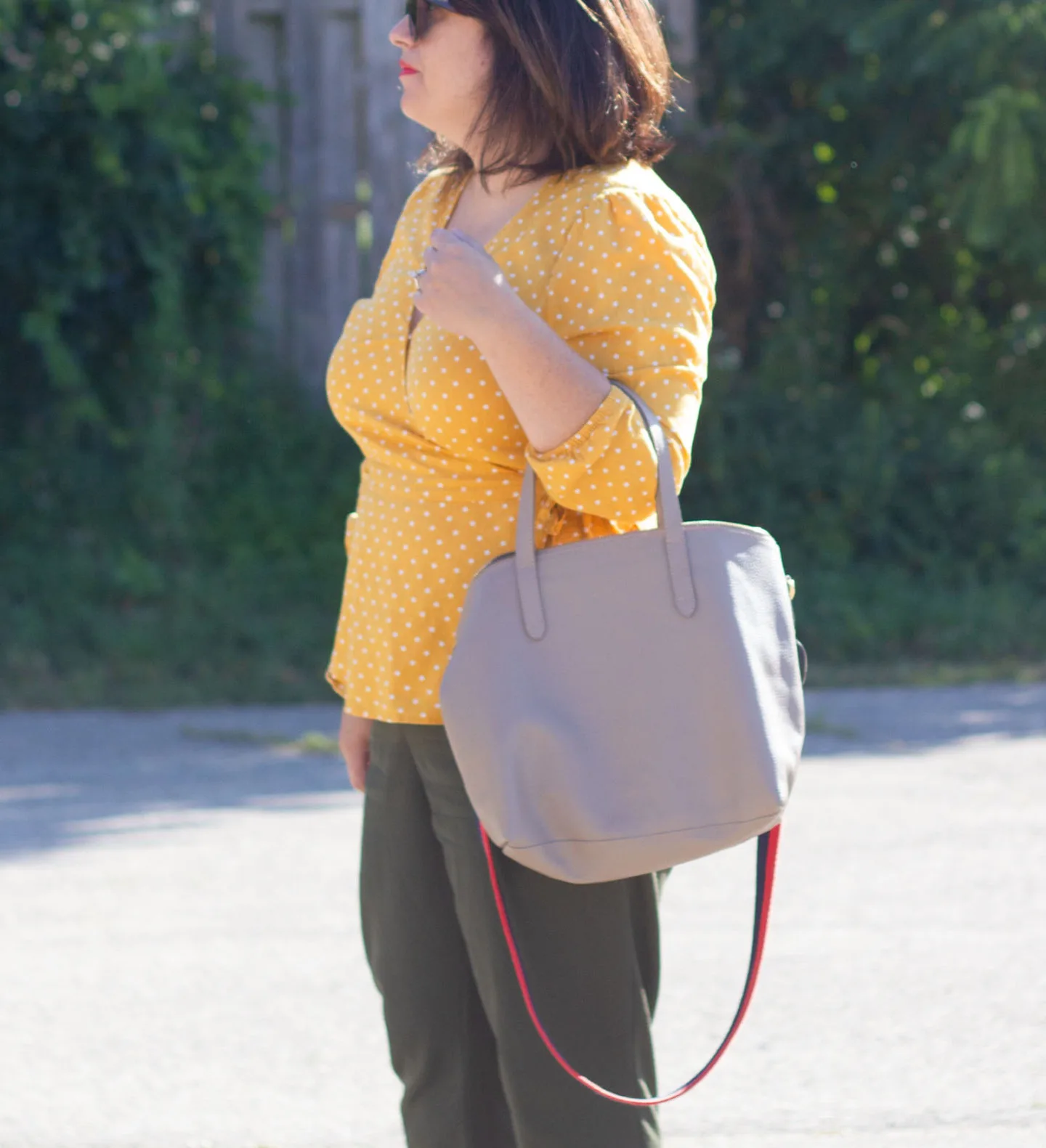 yellow polka dot wrap top outfit