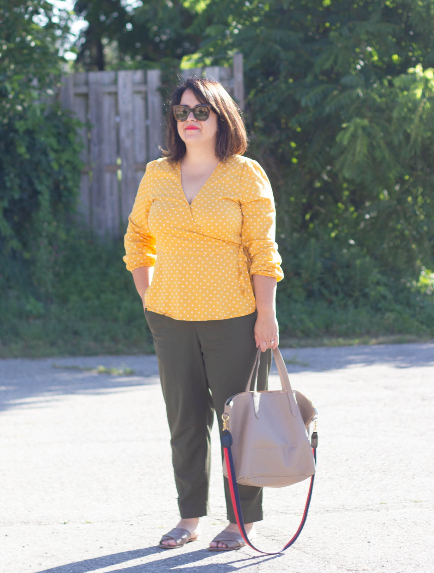 yellow polka dot wrap top outfit 