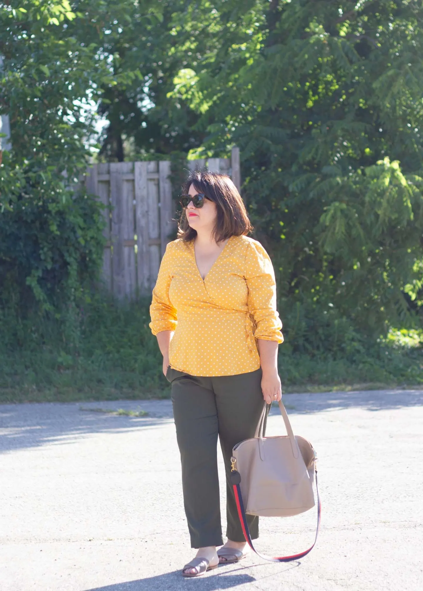 yellow wrap polka dot top