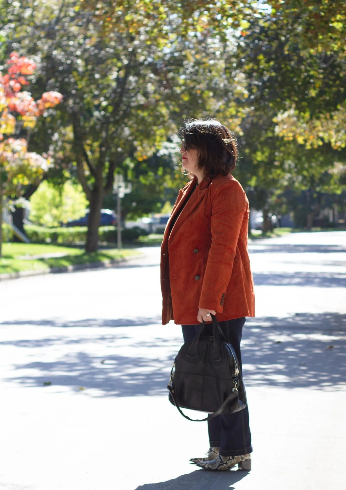 brown blazer, snake boots