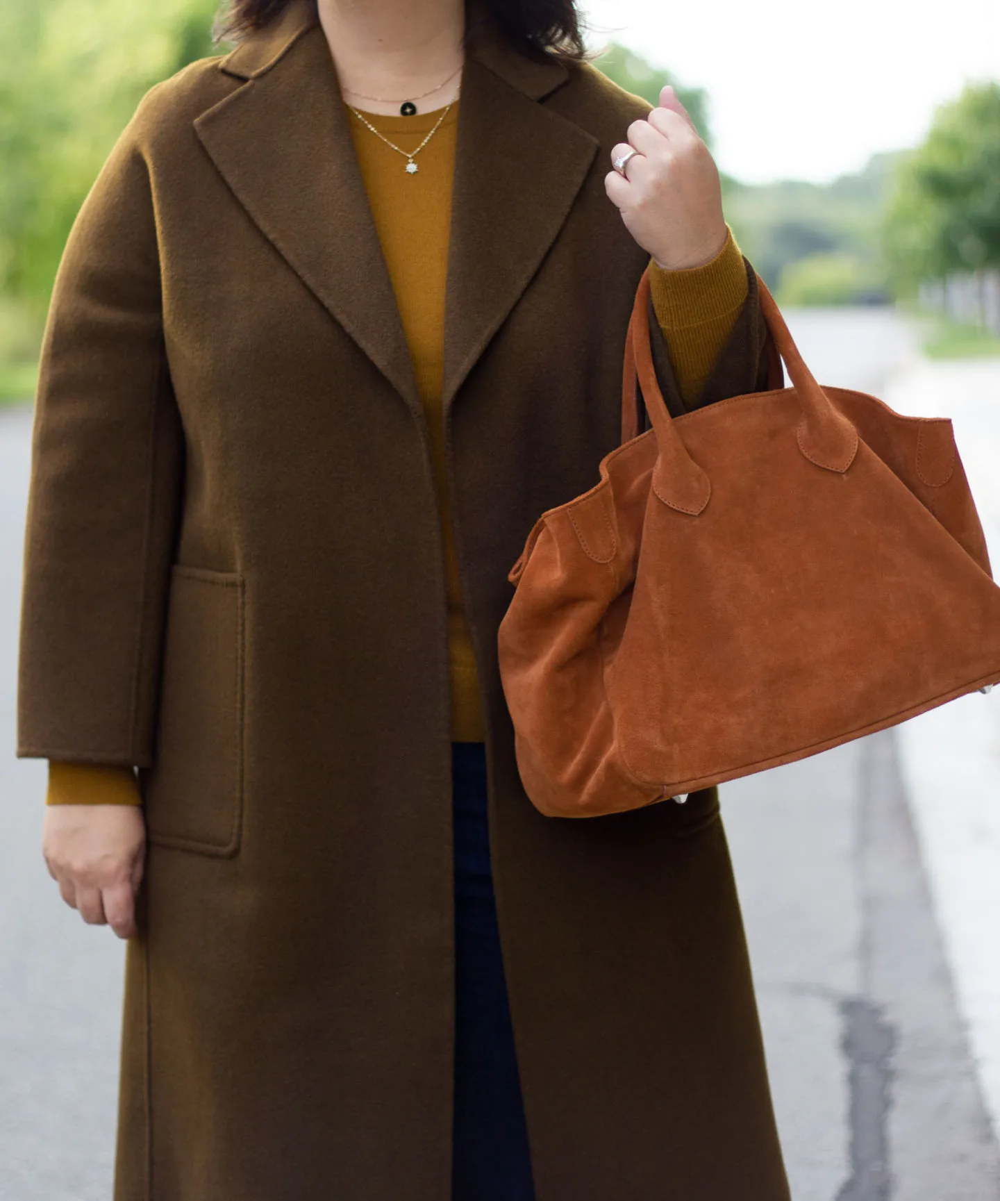 moss coat from the curated, brass cashmere sweater, mark and graham bag