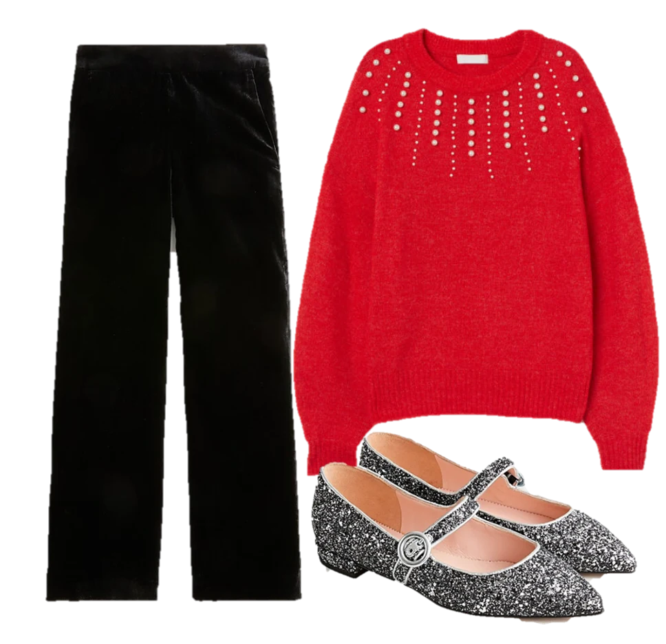 festive christmas outfit, velvet trousers, pearl sweater