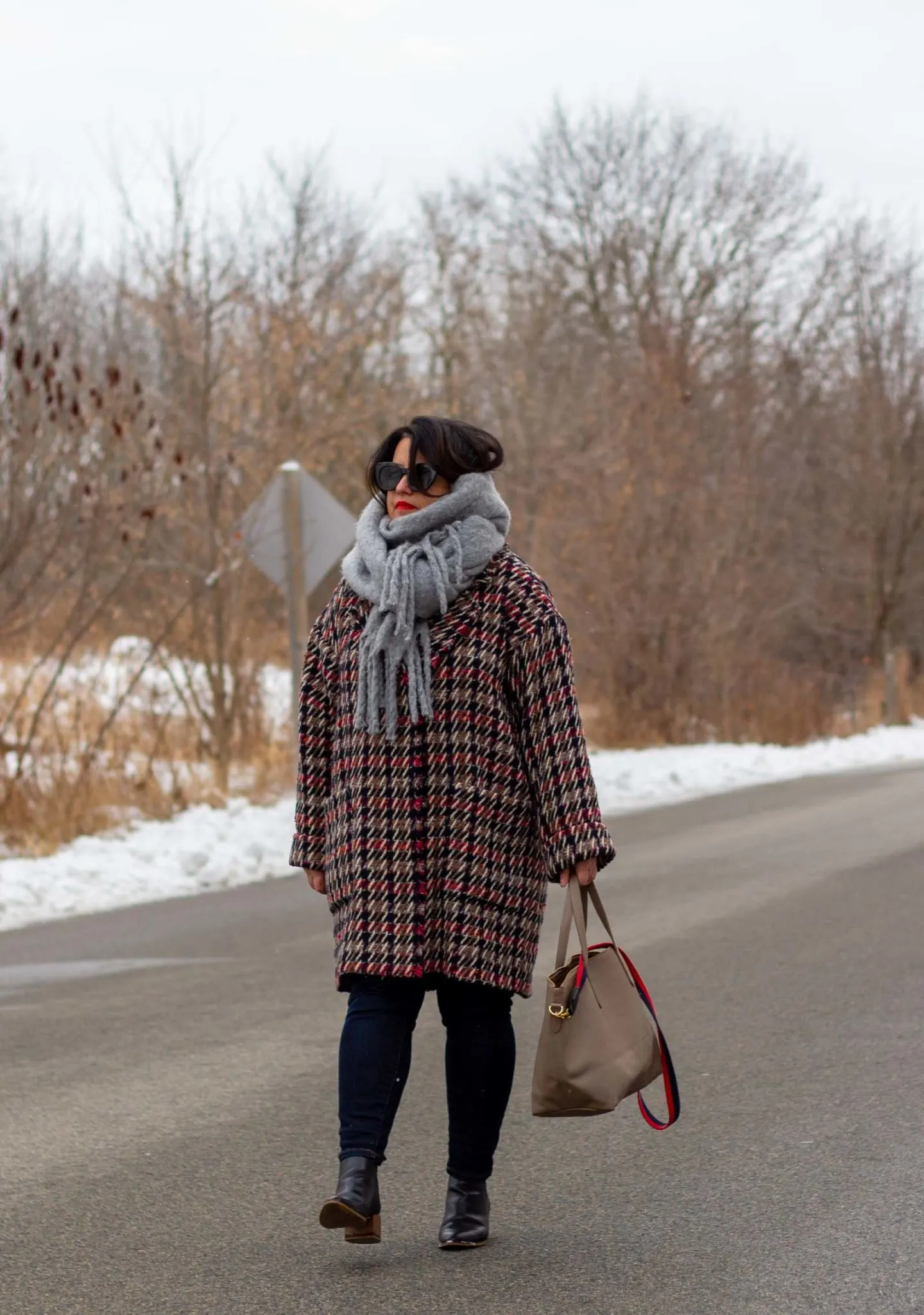 sezane coat with grey scarf