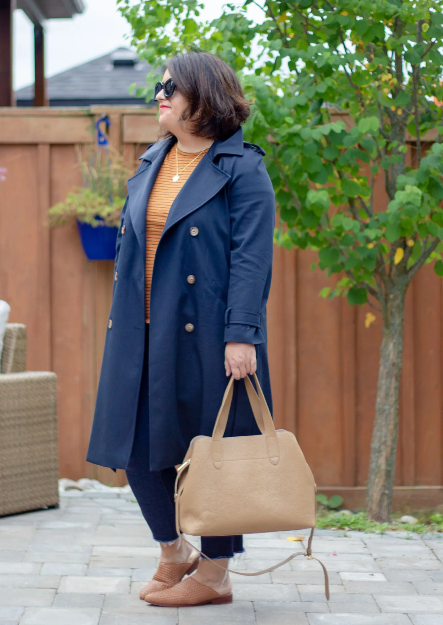 sezane scott trench navy outfit