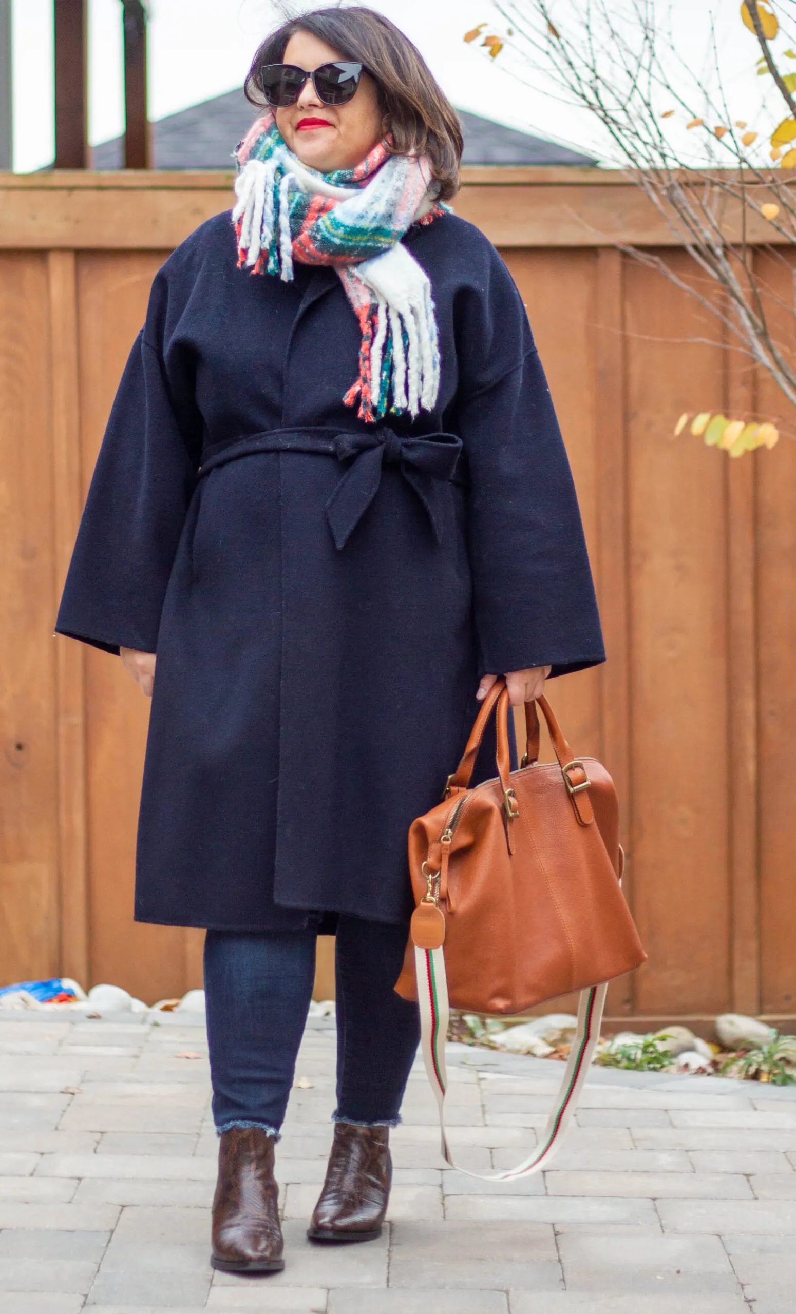 green and white plaid scarf outfit