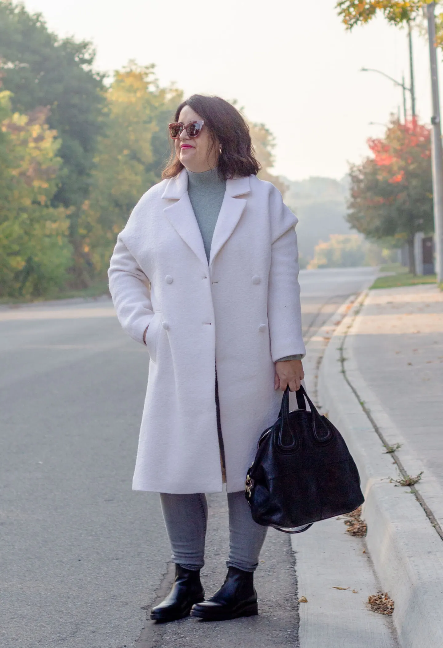 sezane Jim coat, everlane utility boot