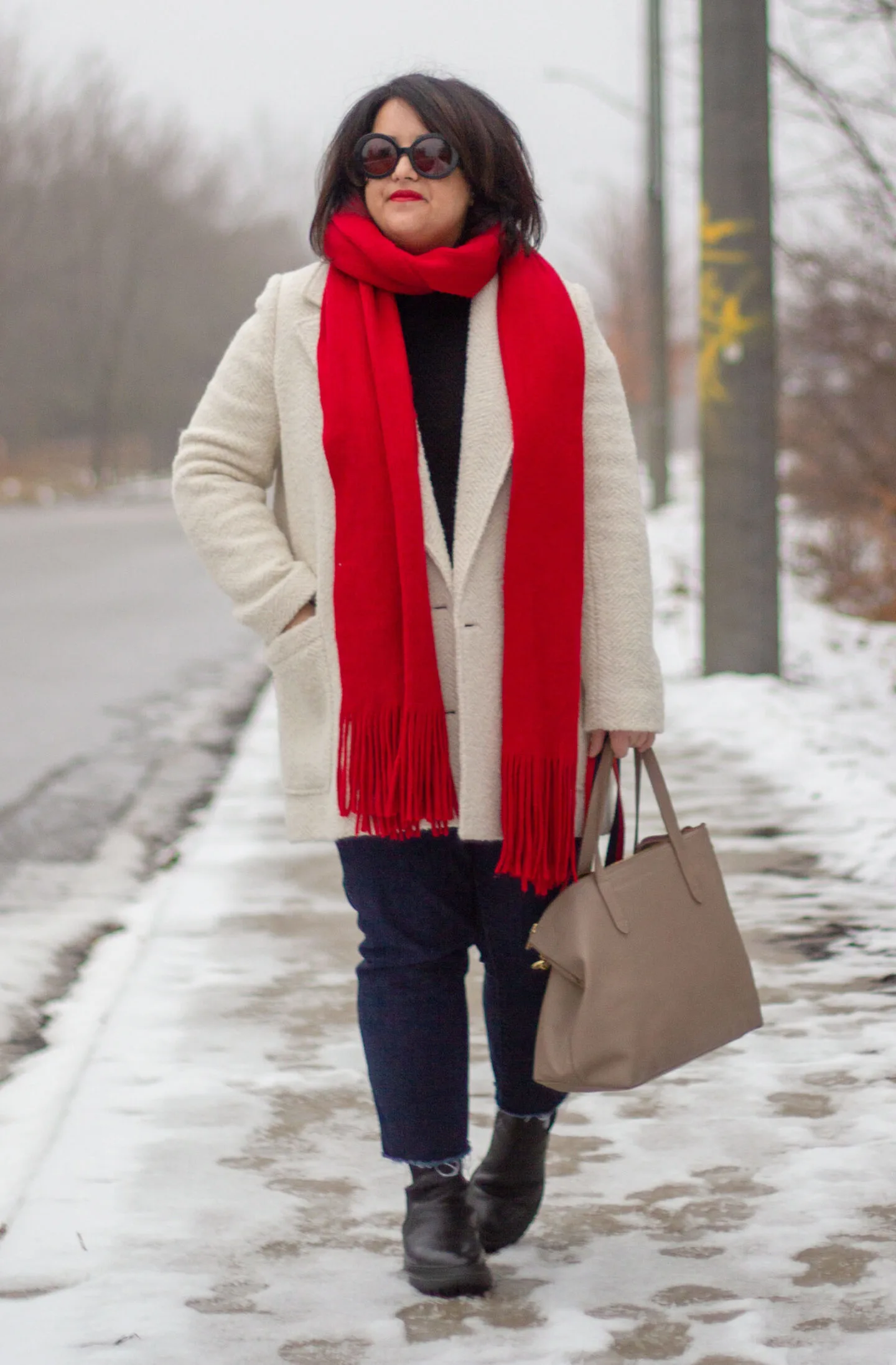 sezane harper coat, red scarf outfit