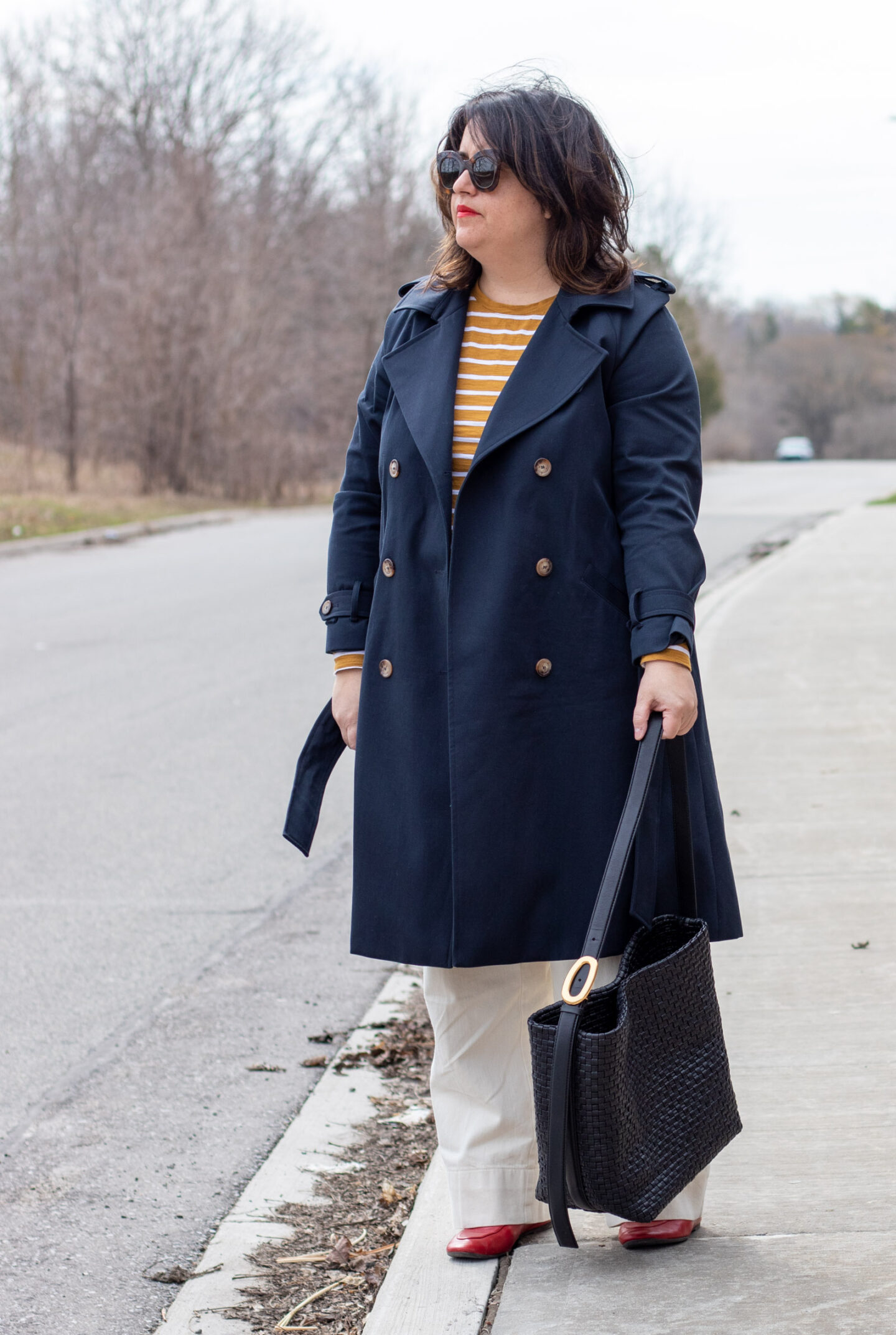 sezane scott trench navy outfit