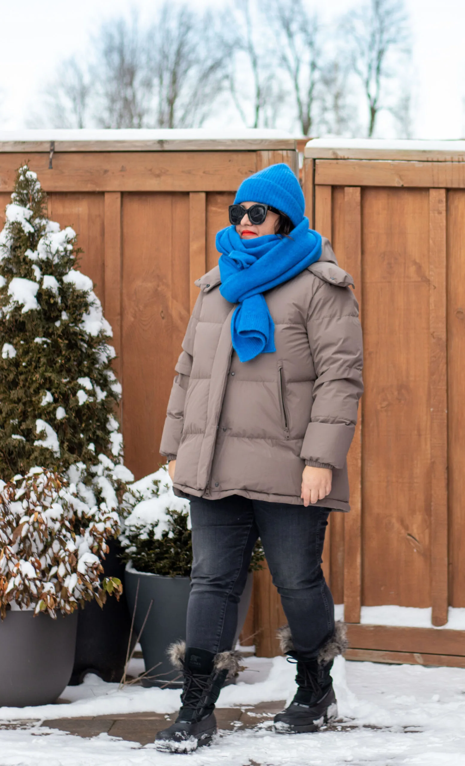 neutral puffer with bright blue