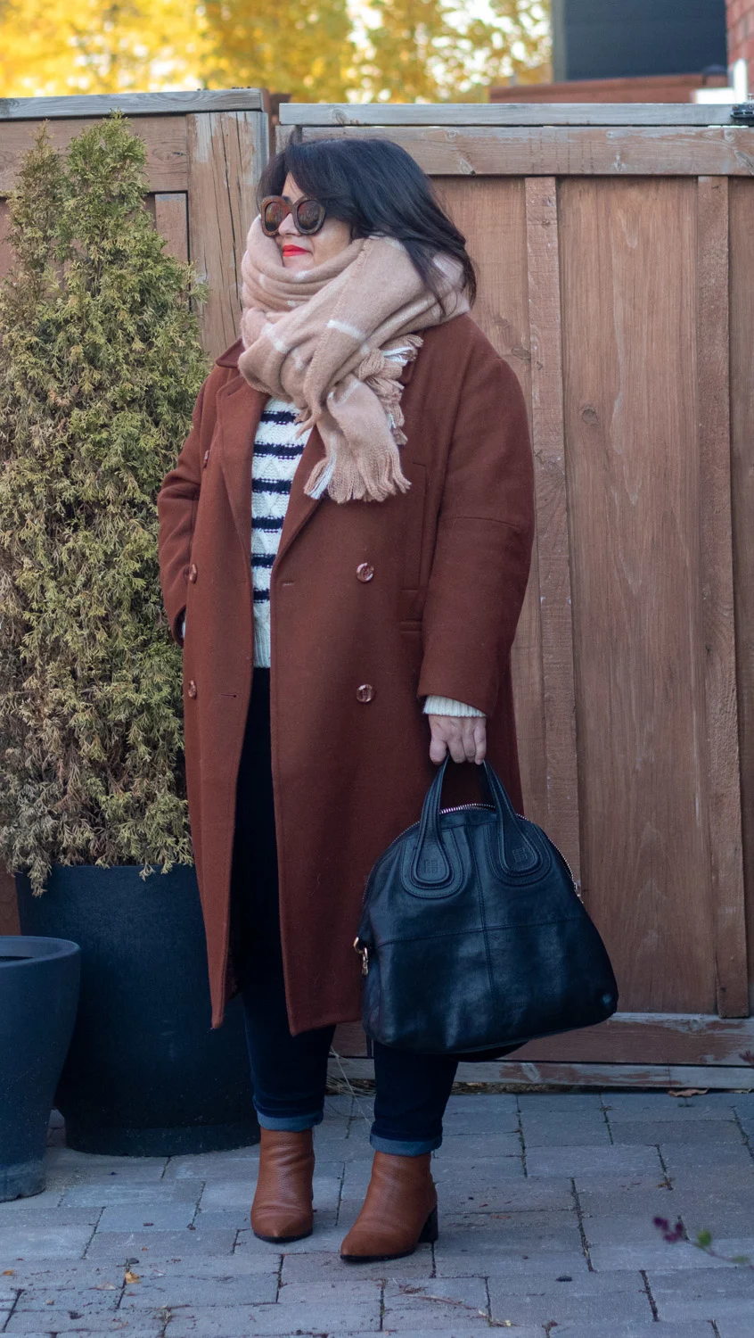 brown coat stripes sweater