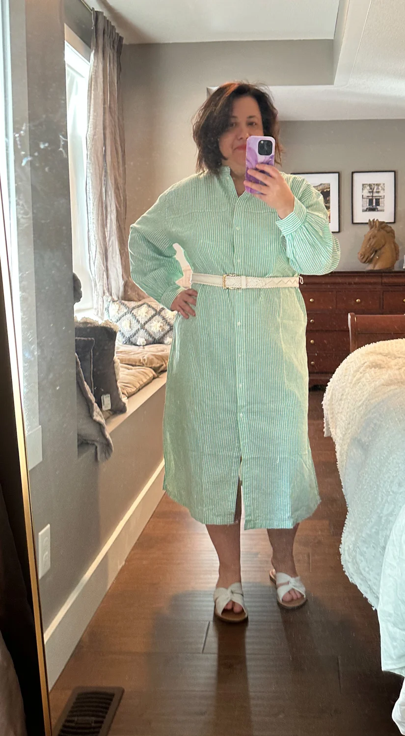 green linen stripe dress