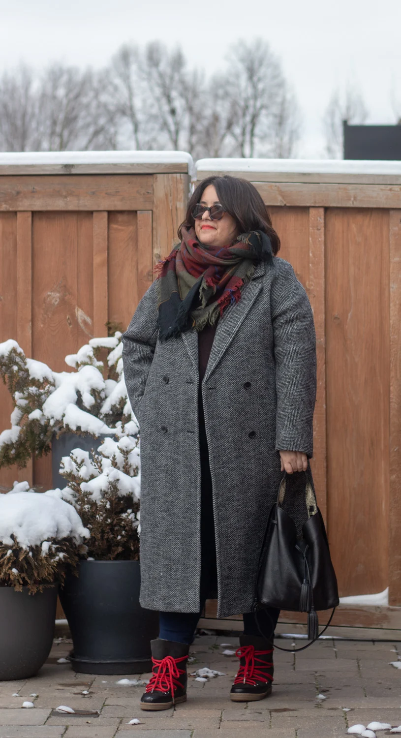 aritzia herringbone slouch coat outfit