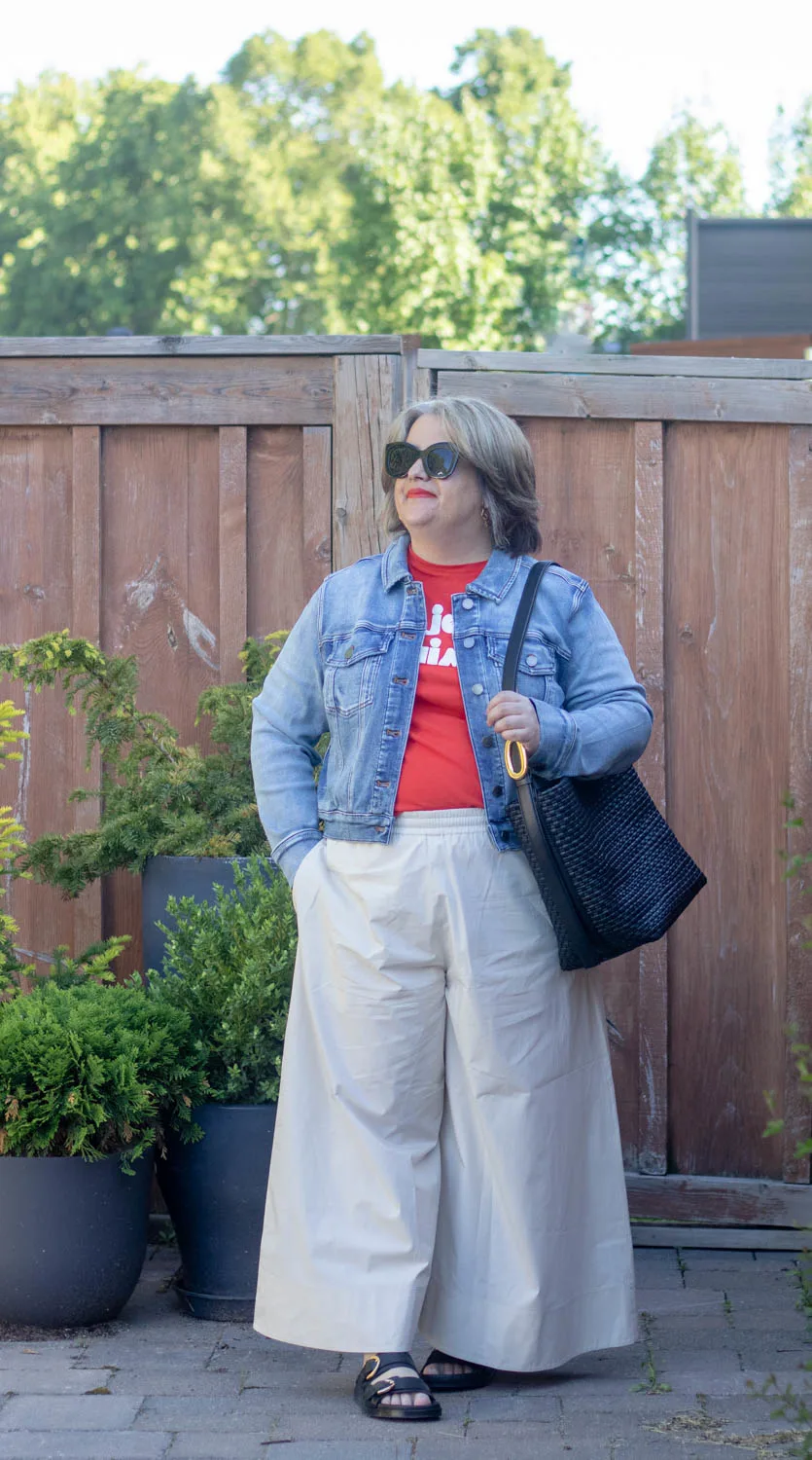 jean jacket and culottes outfit