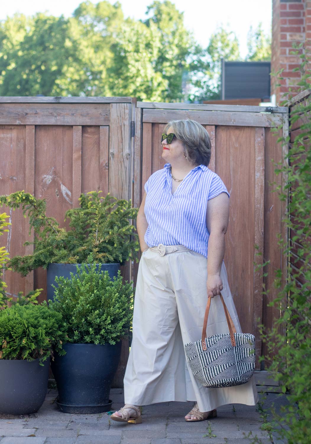 stripe blouse and culottes outfit