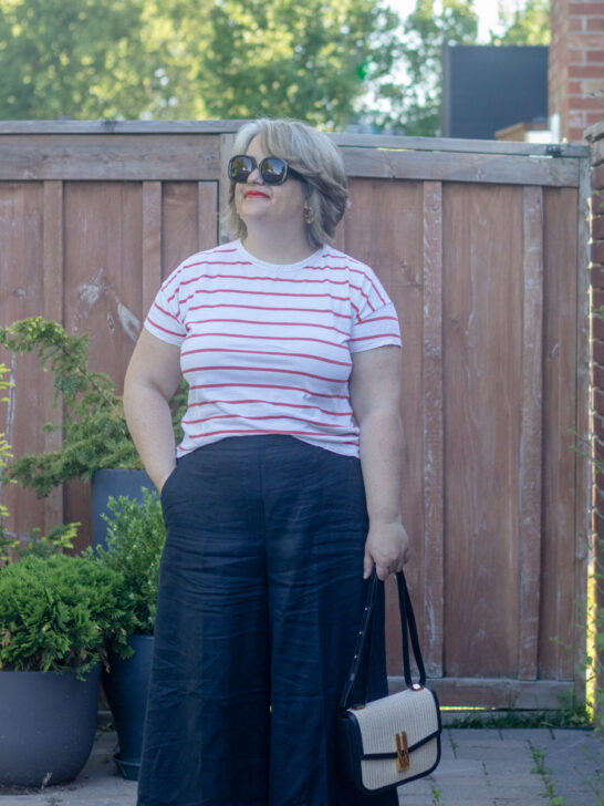 navy linen culottes outfit with red stripe tee