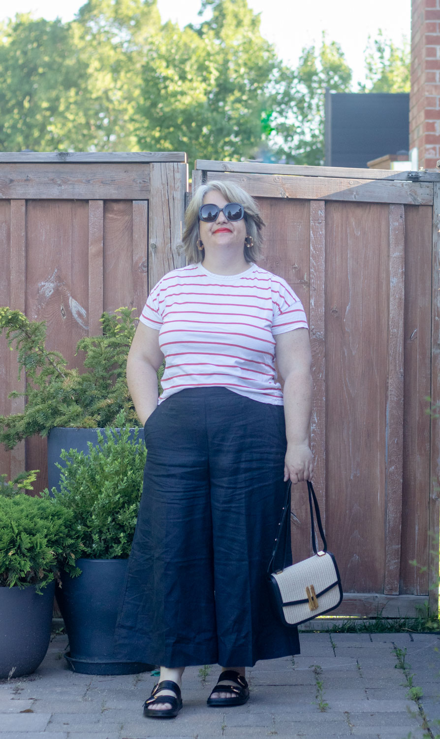 linen culottes outfit with stripe shirt