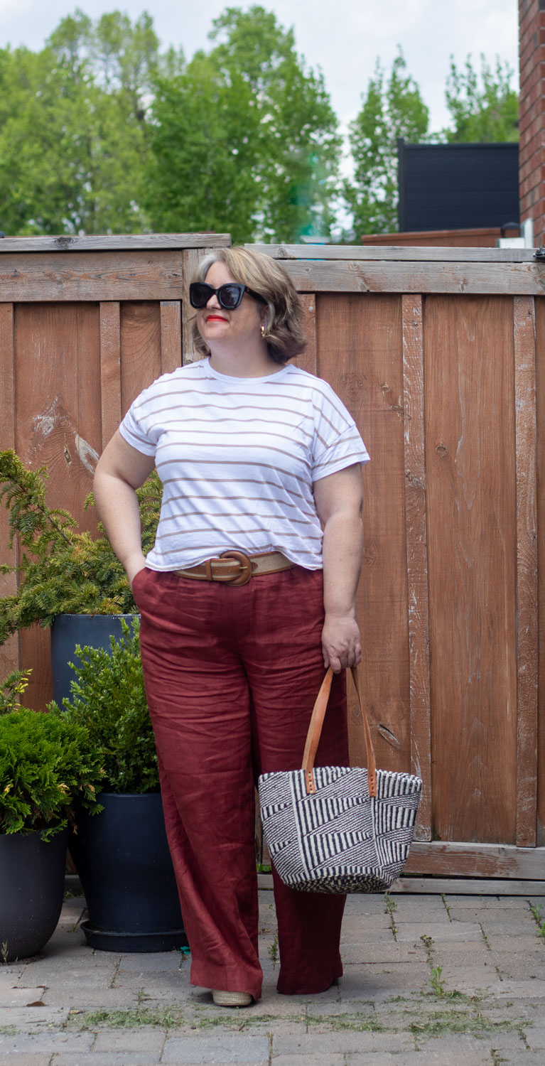 rust linen pants outfit with stripe top for spring summer