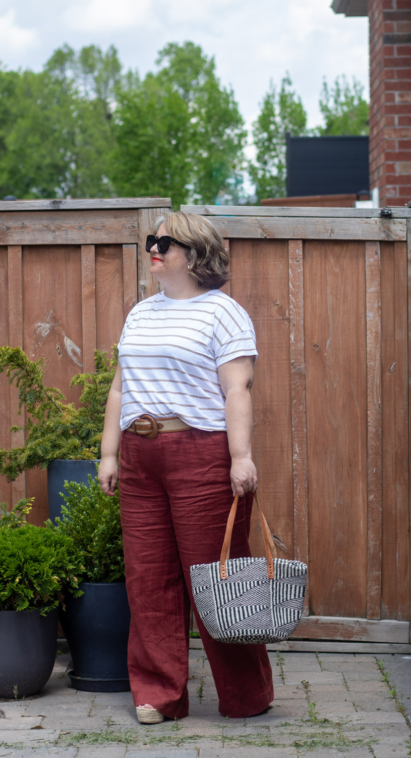 rust linen trousers, beige stripe tee