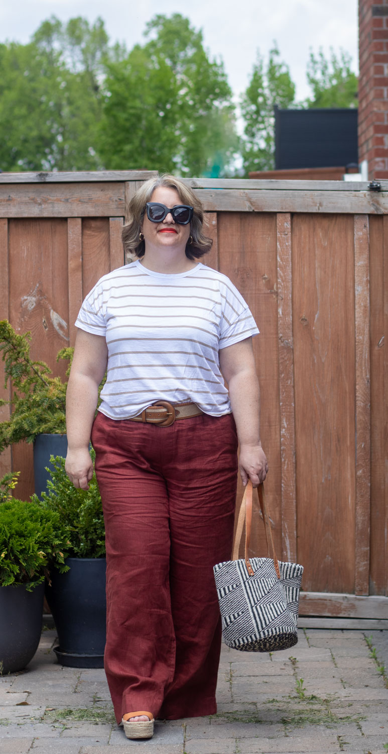 rust linen pants outfit with stripe top for spring summer