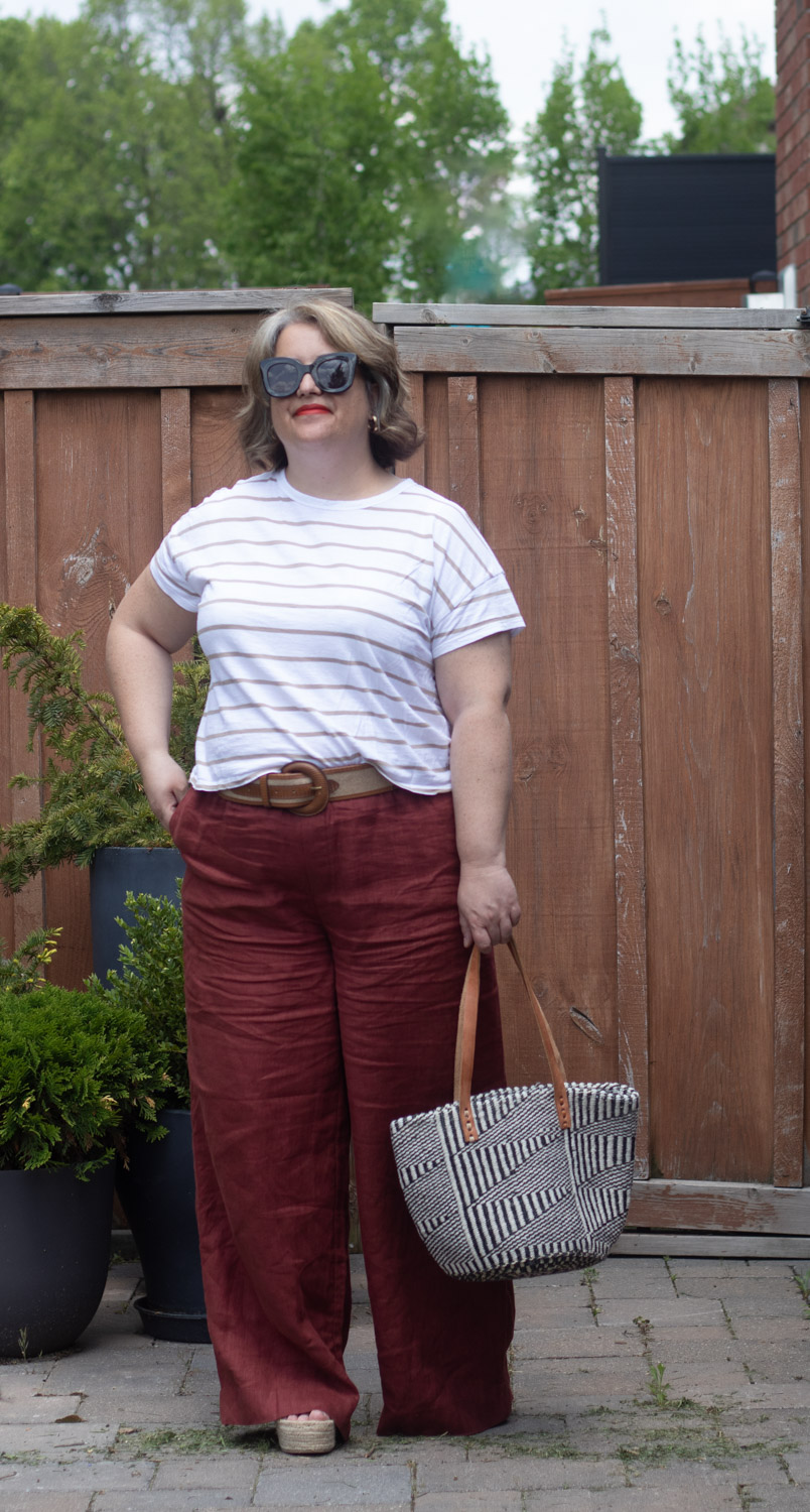 terracotta wide leg linen pants, stripe tee spring summer outfit 