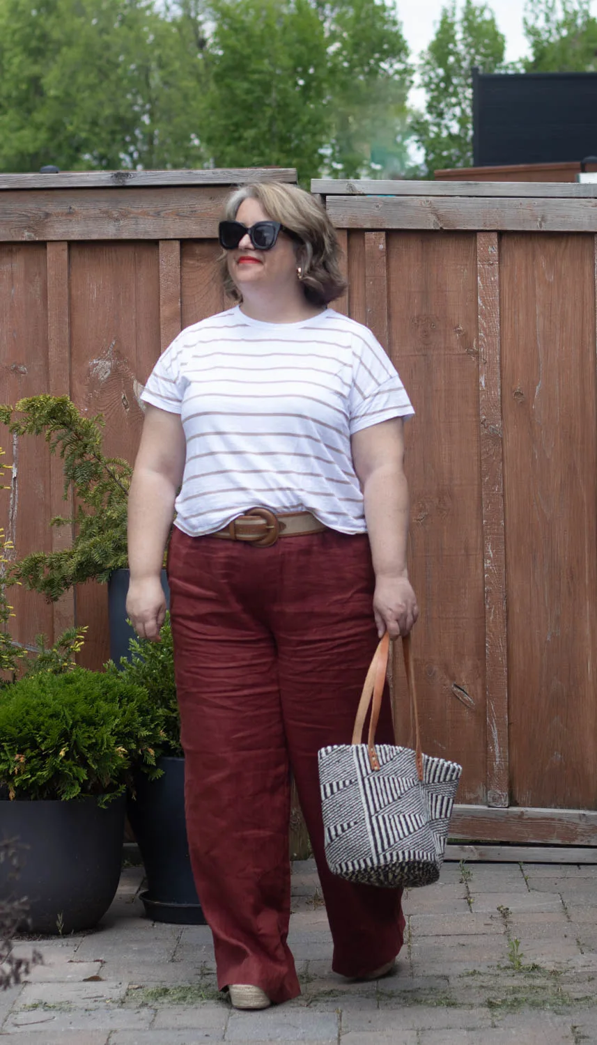 terracotta wide leg linen pants, stripe tee spring summer outfit 