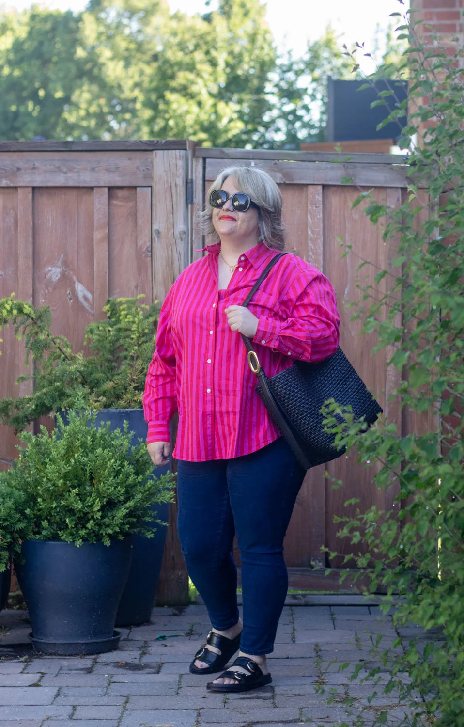 3 ways to wear an oversized button front shirt, red and pink stripe shirt