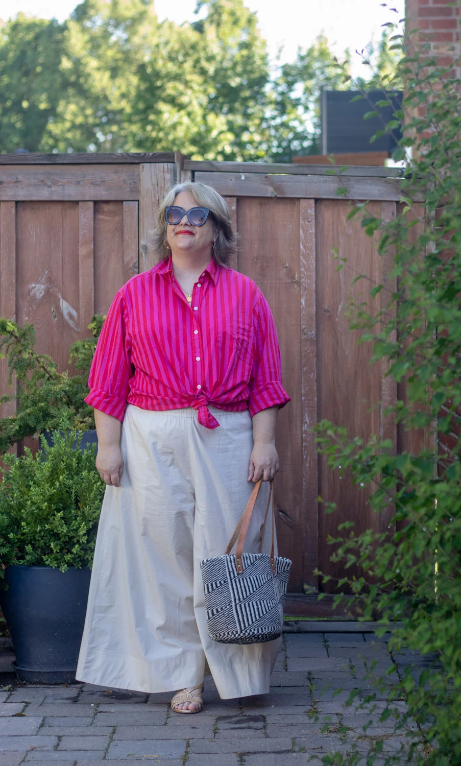 oversized stripe button front shirt with wide leg trousers