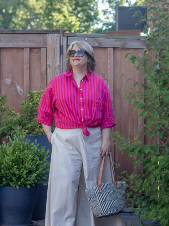 oversized stripe button front shirt with wide leg culotte trousers