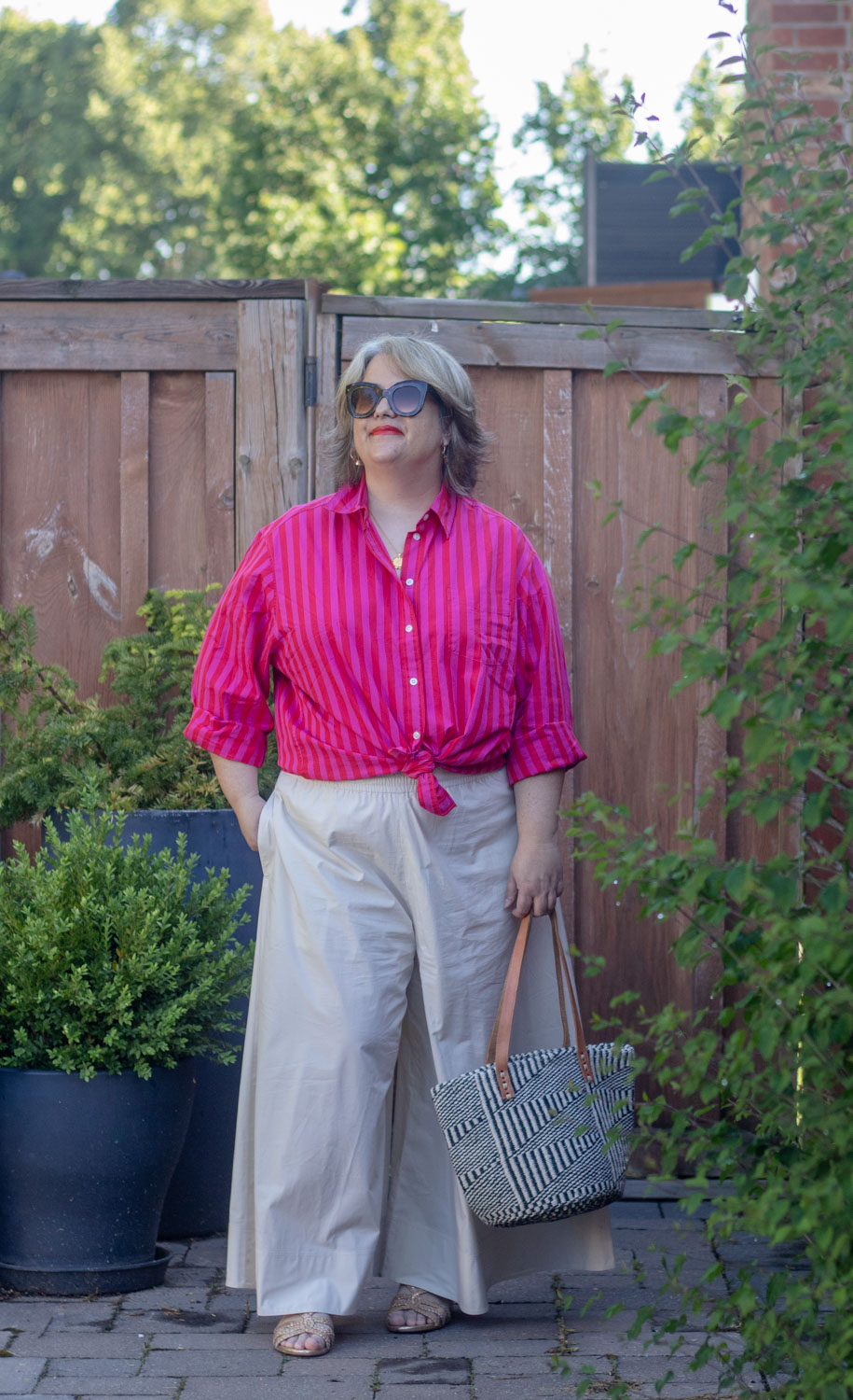 oversized stripe button front shirt with wide leg culotte trousers