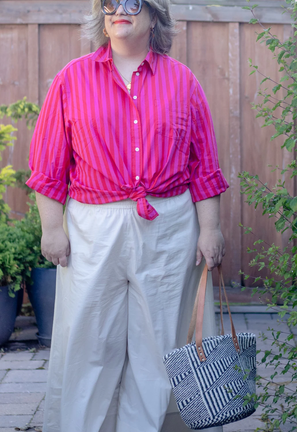 oversized stripe button front shirt with wide leg trousers