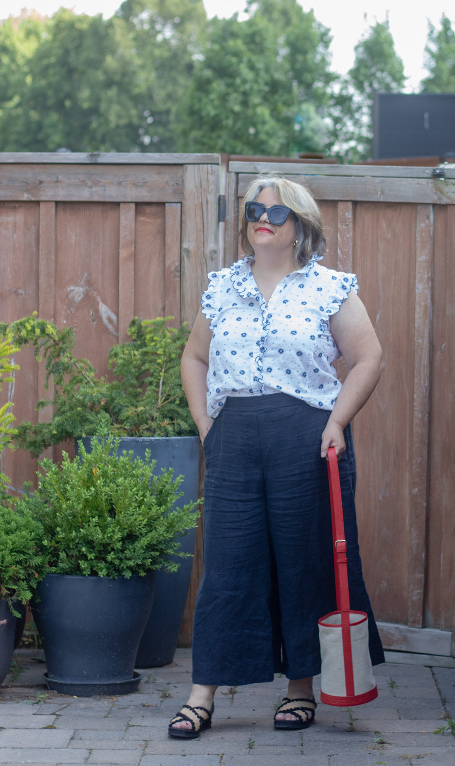 Summer work outfit linen culottes with sleeveless blouse