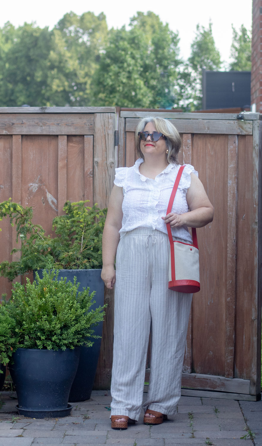 summer work outfit stripe linen pants broderie anglaise top