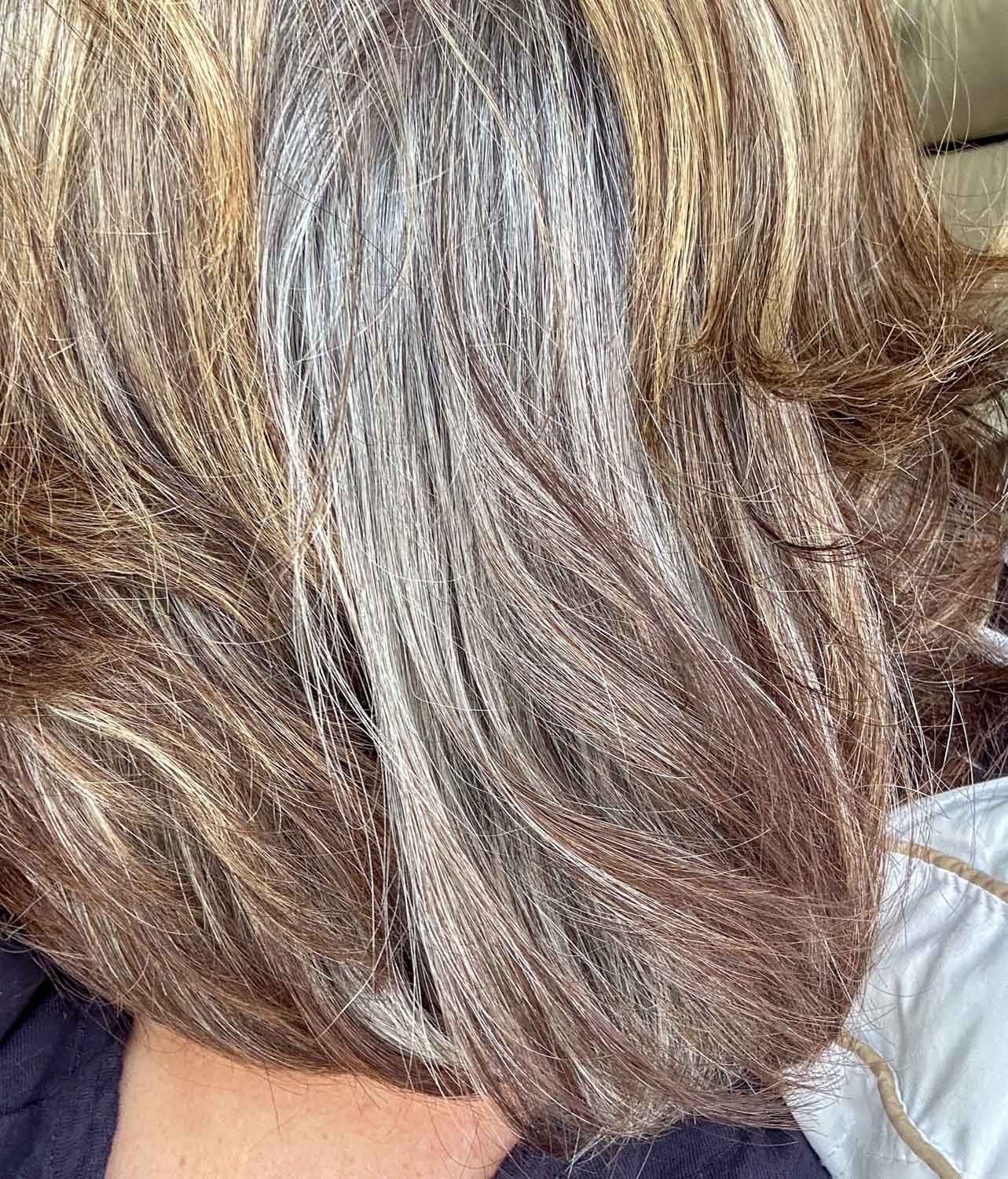 grey hair transition, grey hair grow out, grey hair at back of head