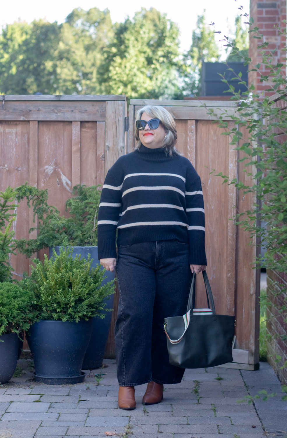 barrel leg jeans with stripe sweater