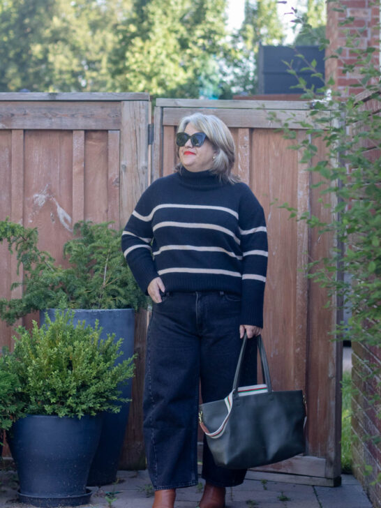 barrel leg jeans with stripe sweater