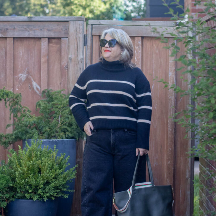 barrel leg jeans with stripe sweater