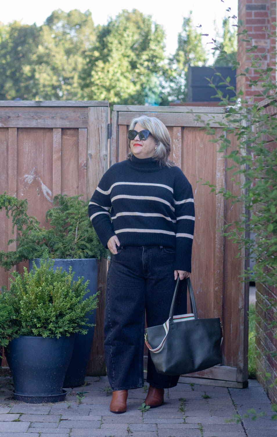 barrel leg jeans with stripe sweater