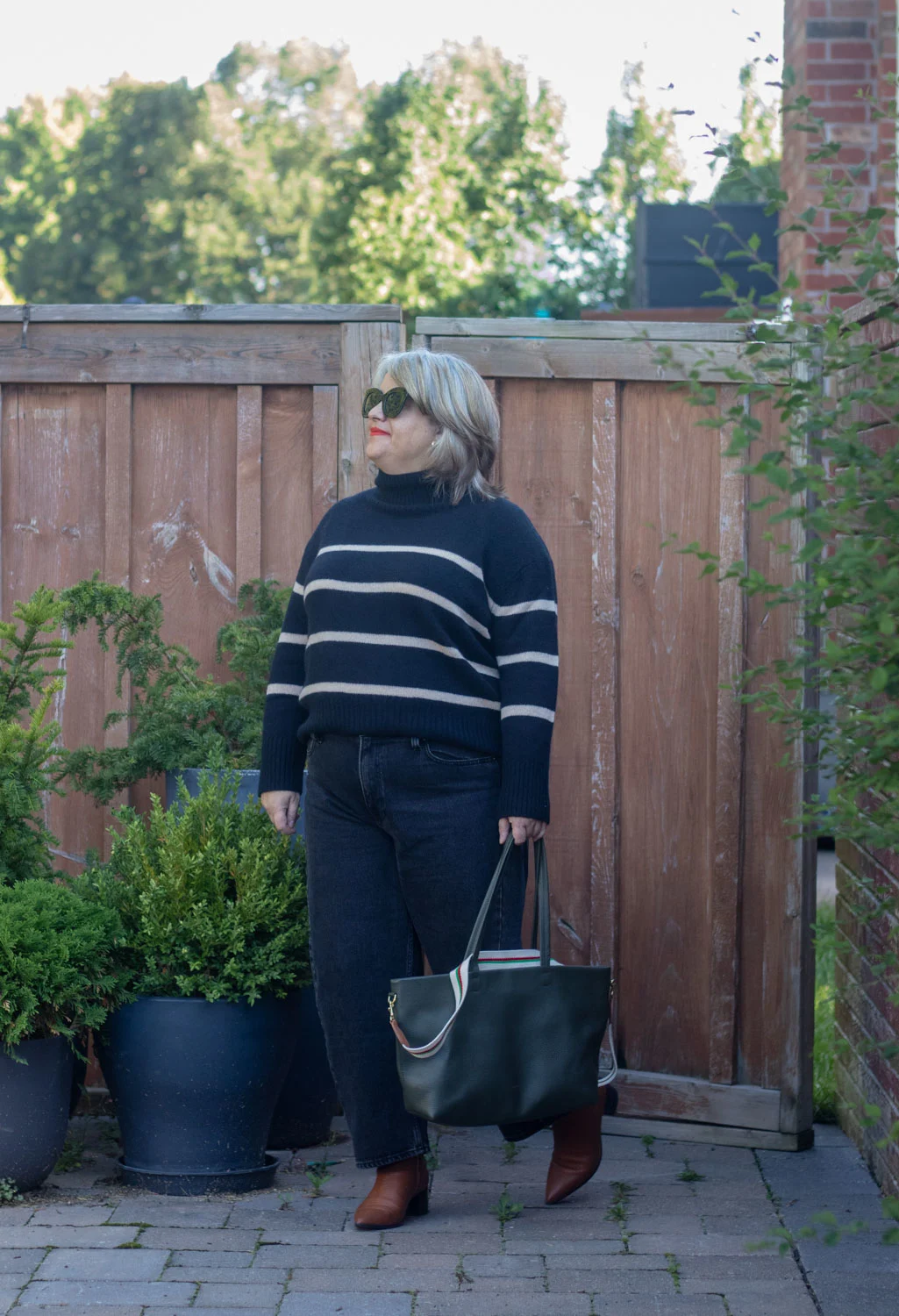 barrel leg jeans with stripe sweater