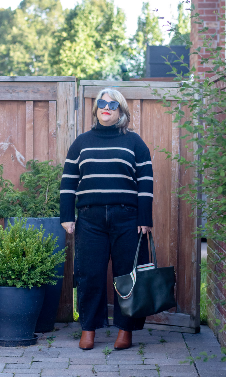 barrel leg jeans with stripe sweater