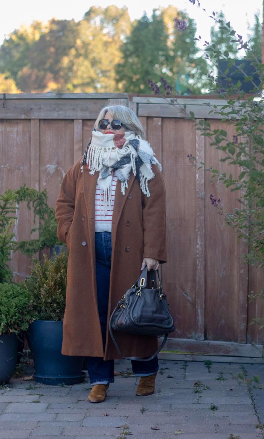 aritzia slouch coat outfit with big scarf and sezane sweater