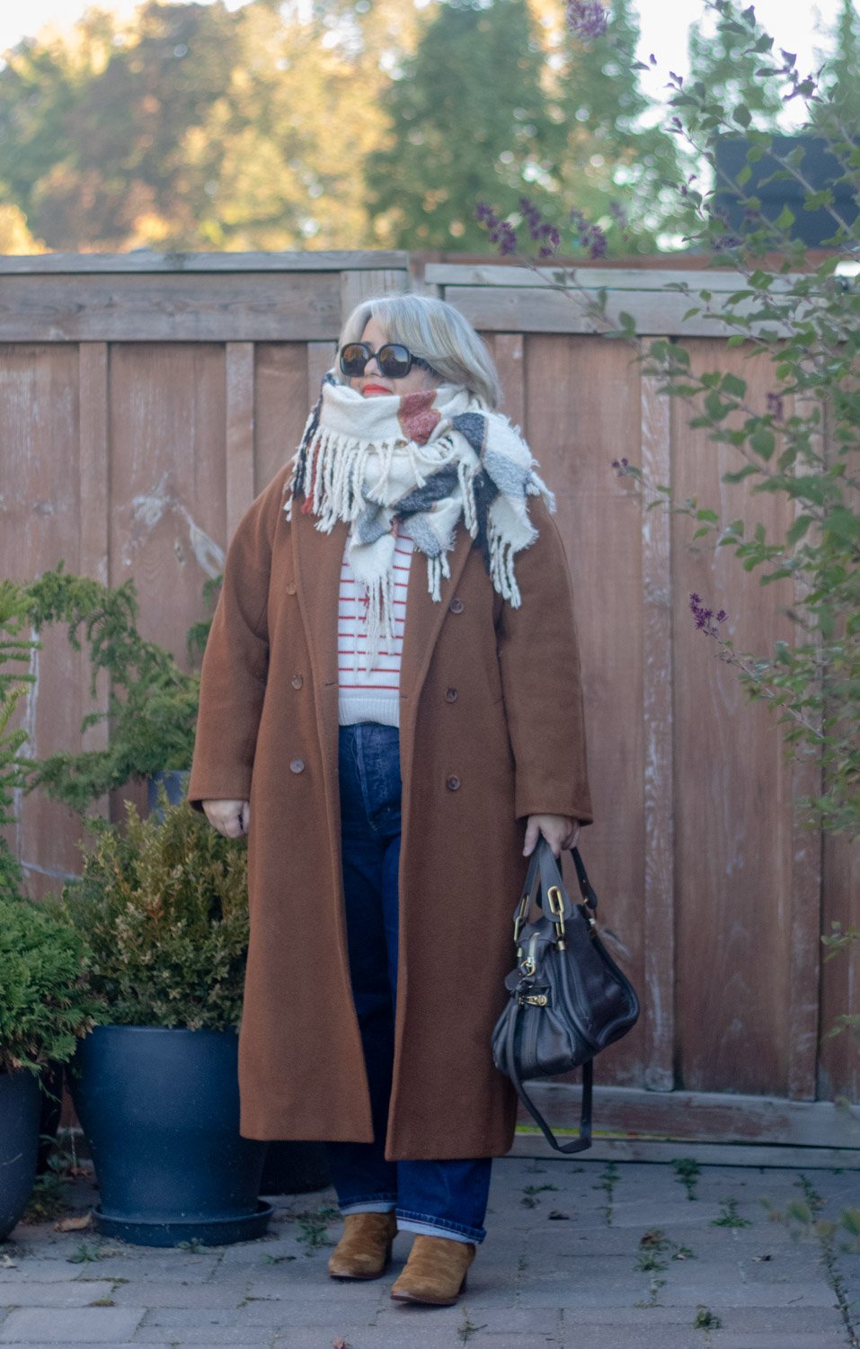 dark camel slouch coat aritzia, straight leg denim, stripe sezane sweater