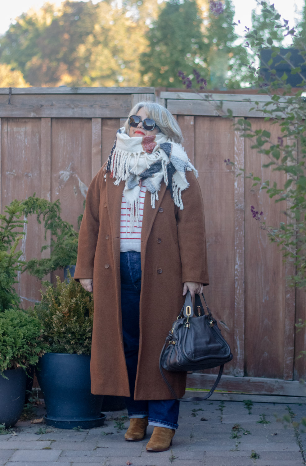 aritzia slouch coat outfit with big scarf and sezane sweater